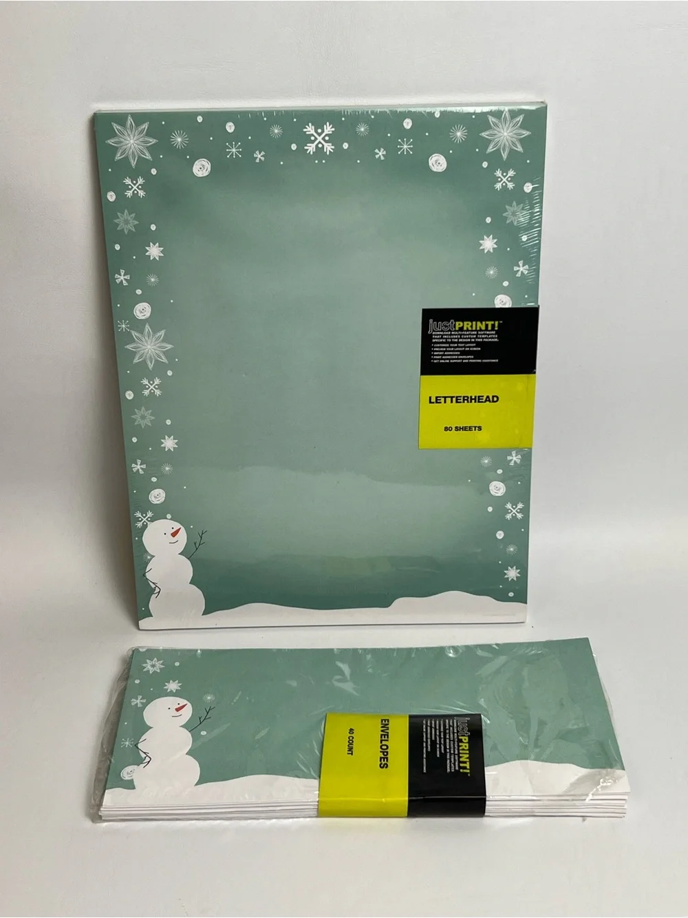 Snowman Letterhead & Envelopes - Green Holiday Stationery